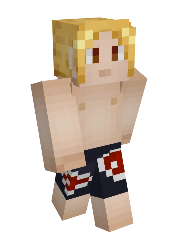 Forever's original skin. It's based off Edward Elric from Full Metal Alchemist. He has light skin, long blond hair pulled into a braid down his back with long bangs framing his face, and dark brown eyes. He is half naked, wearing traditional Japanese shorts that are dark navy blue with red and white waves. He wears no shoes.